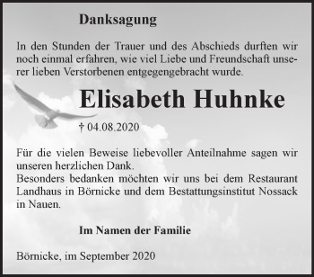 Traueranzeige von Elisabeth Huhnke von Märkische Oderzeitung