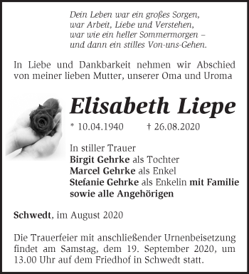 Traueranzeige von Elisabeth Liepe von Märkische Oderzeitung