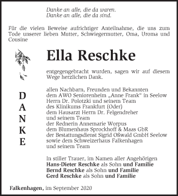 Traueranzeige von Ella Reschke von Märkische Oderzeitung