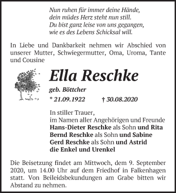 Traueranzeige von Ella Reschke von Märkische Oderzeitung