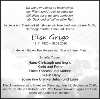 Traueranzeige von Else Grigo von Märkische Oderzeitung