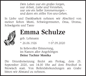 Traueranzeige von Emma Schulze von Märkische Oderzeitung