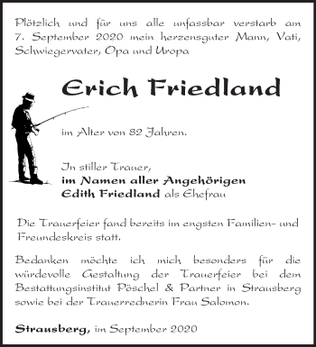 Traueranzeige von Erich Friedland von Märkische Oderzeitung