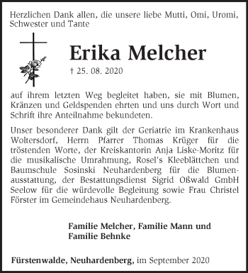 Traueranzeige von Erika Melcher von Märkische Oderzeitung