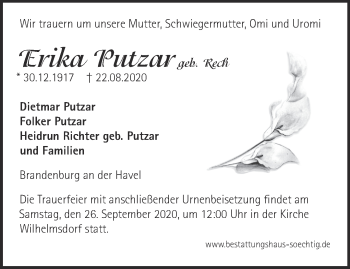 Traueranzeige von Erika Putzar von Märkische Oderzeitung