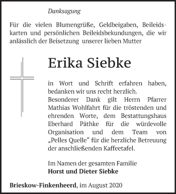 Traueranzeige von Erika Siebke von Märkische Oderzeitung