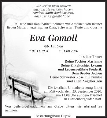 Traueranzeige von Eva Gomoll von Märkische Oderzeitung