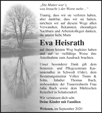 Traueranzeige von Eva Heisrath von Märkische Oderzeitung