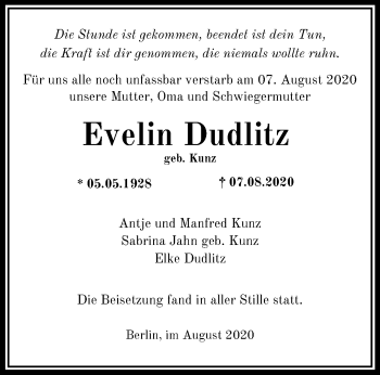 Traueranzeige von Evelin Dudlitz von Märkische Oderzeitung