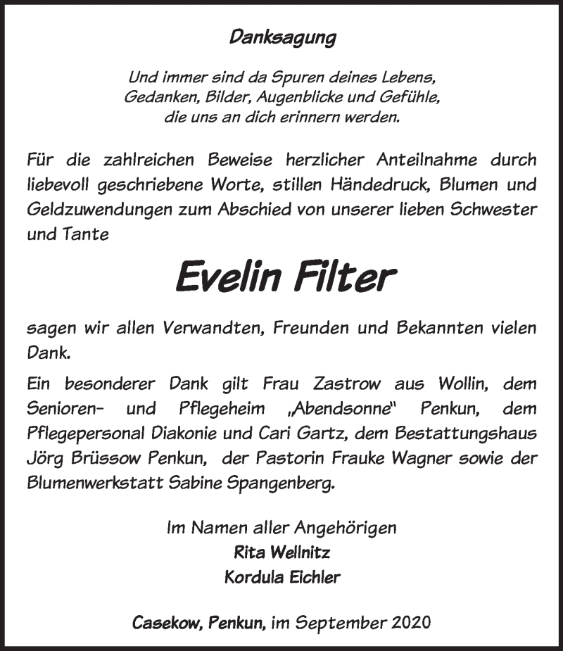  Traueranzeige für Evelin Filter vom 27.09.2020 aus Märkische Oderzeitung