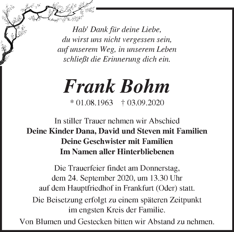  Traueranzeige für Frank Bohm vom 12.09.2020 aus Märkische Oderzeitung