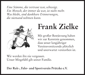 Traueranzeige von Frank Zielke von Märkische Oderzeitung