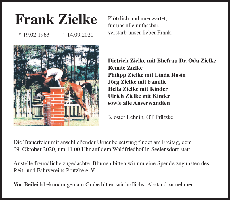 Traueranzeige für Frank Zielke vom 27.09.2020 aus Märkische Oderzeitung
