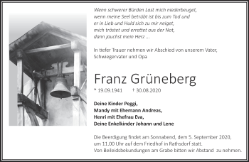 Traueranzeige von Franz Grüneberg von Märkische Oderzeitung