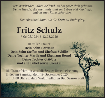 Traueranzeige von Fritz Schulz von Märkische Oderzeitung