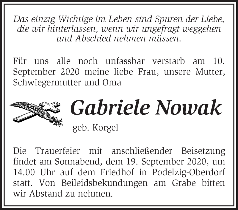 Traueranzeige für Gabriele Nowak vom 15.09.2020 aus Märkische Oderzeitung