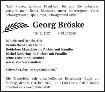 Traueranzeige von Georg Bröske von Märkische Oderzeitung