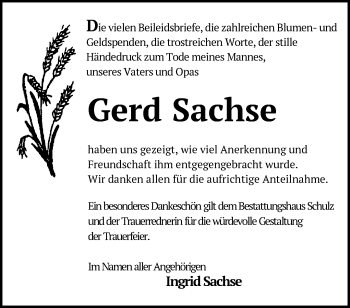 Traueranzeige von Gerd Sachse von Märkische Oderzeitung