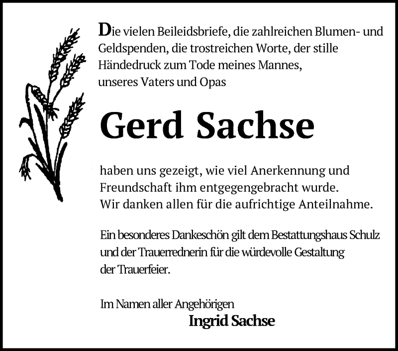  Traueranzeige für Gerd Sachse vom 13.09.2020 aus Märkische Oderzeitung