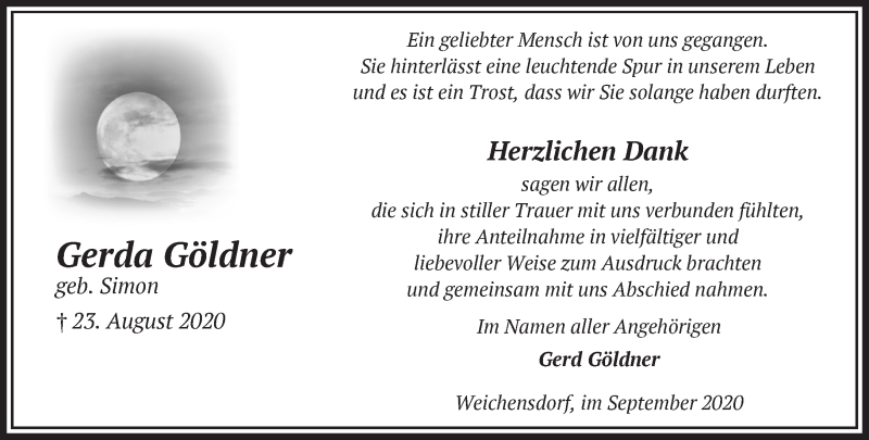  Traueranzeige für Gerda Göldner vom 19.09.2020 aus Märkische Oderzeitung