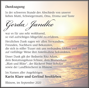 Traueranzeige von Gerda Jandke von Märkische Oderzeitung