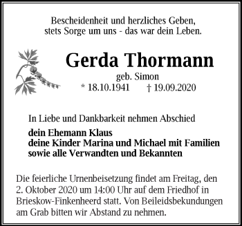 Traueranzeige von Gerda Thormann von Märkische Oderzeitung