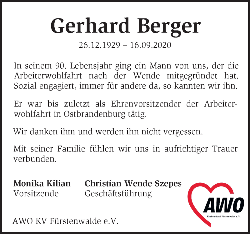  Traueranzeige für Gerhard Berger vom 30.09.2020 aus Märkische Oderzeitung