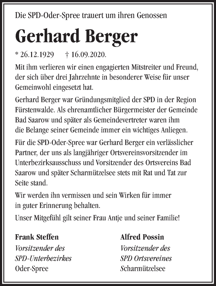  Traueranzeige für Gerhard Berger vom 27.09.2020 aus Märkische Oderzeitung