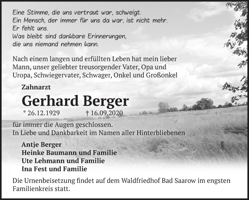  Traueranzeige für Gerhard Berger vom 23.09.2020 aus Märkische Oderzeitung
