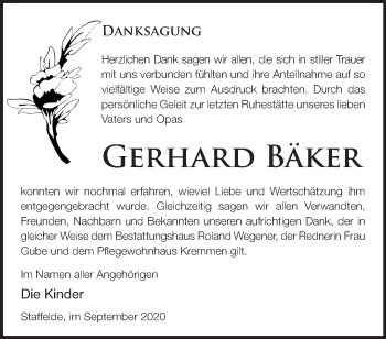 Traueranzeige von Gerhard Bäker von Märkische Oderzeitung