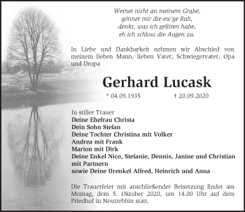 Traueranzeige von Gerhard Lucask von Märkische Oderzeitung