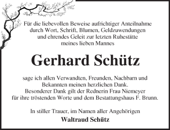 Traueranzeige von Gerhard Schütz von Märkische Oderzeitung