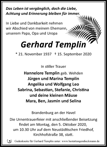 Traueranzeige von Gerhard Templin von Märkische Oderzeitung