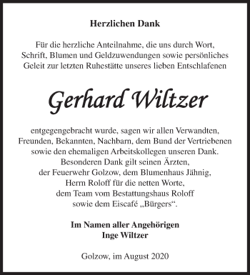 Traueranzeige von Gerhard Wiltzer von Märkische Oderzeitung