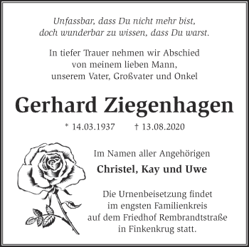 Traueranzeige von Gerhard Ziegenhagen von Märkische Oderzeitung