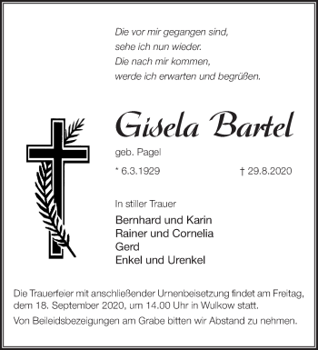 Traueranzeige von Gisela Bartel von Märkische Oderzeitung