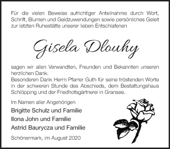 Traueranzeige von Gisela Dlouhy von Märkische Oderzeitung