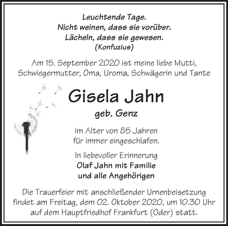  Traueranzeige für Gisela Jahn vom 27.09.2020 aus Märkische Oderzeitung