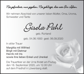 Traueranzeige von Gisela Pahl von Märkische Oderzeitung