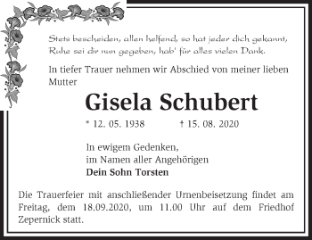 Traueranzeige von Gisela Schubert von Märkische Oderzeitung