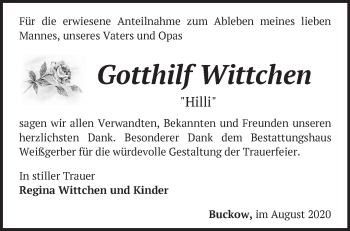 Traueranzeige von Gotthilf Wittchen von Märkische Oderzeitung