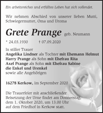 Traueranzeige von Grete Prange von Märkische Oderzeitung