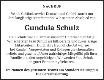 Traueranzeige von Gundula Schulz von Märkische Oderzeitung