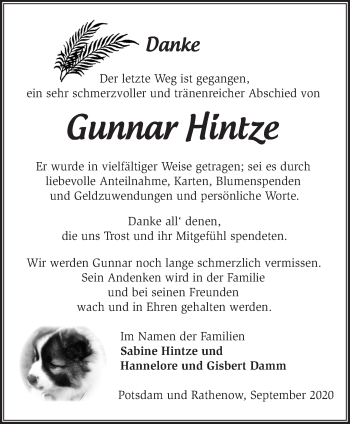 Traueranzeige von Gunnar Hintze von Märkische Oderzeitung