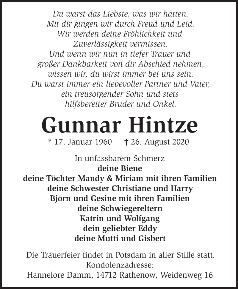  Traueranzeige für Gunnar Hintze vom 06.09.2020 aus Märkische Oderzeitung