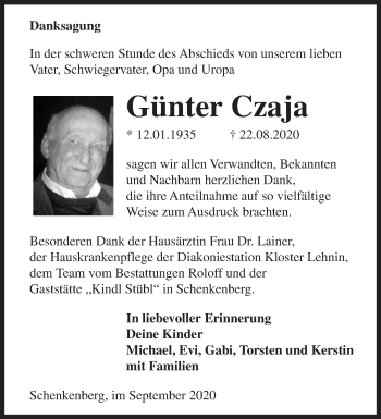 Traueranzeige von Günter Czaja von Märkische Oderzeitung