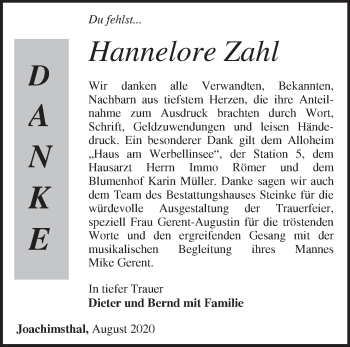 Traueranzeige von Hannelore Zahl von Märkische Oderzeitung