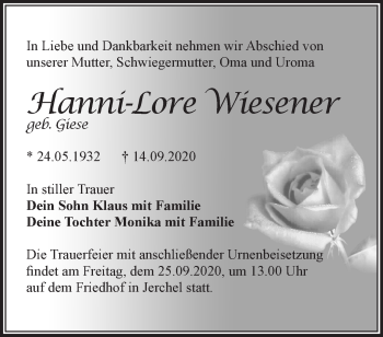 Traueranzeige von Hanni-Lore Wiesener von Märkische Oderzeitung