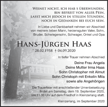 Traueranzeige von Hans-Jürgen Haas von Märkische Oderzeitung