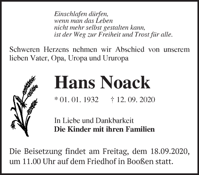  Traueranzeige für Hans Noack vom 16.09.2020 aus Märkische Oderzeitung